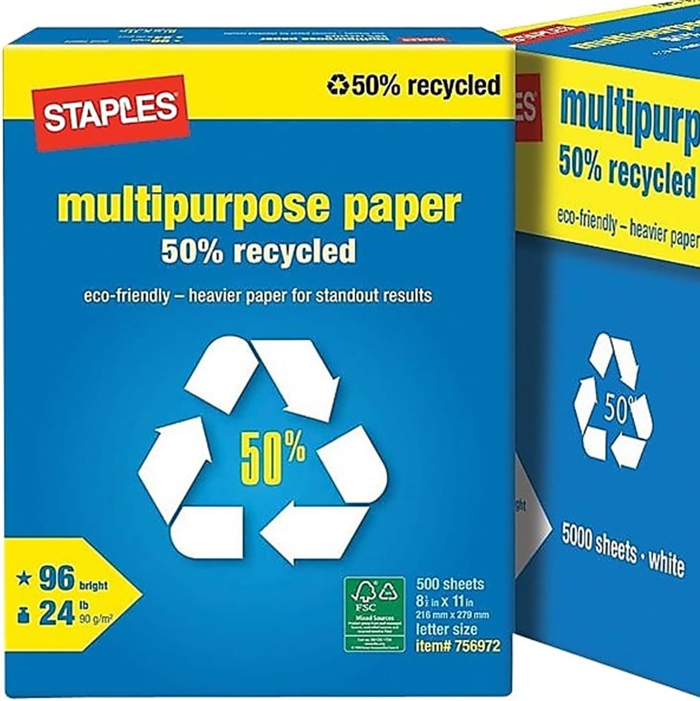 Staples 100% Recycled Printer Paper Bright White Copy/Fax/Laser/Inkjet, 500 Sheets