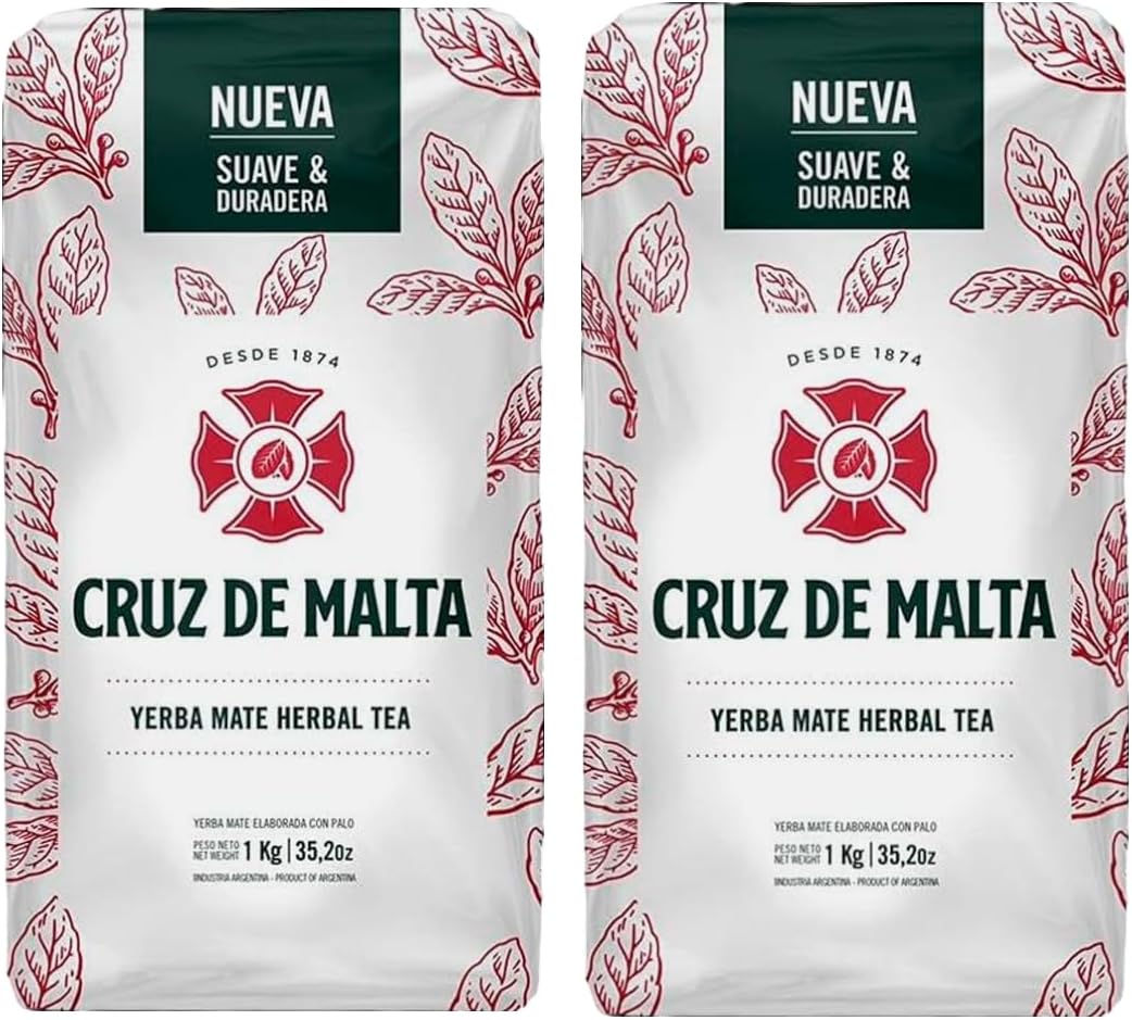 Cruz de Malta Yerba Mate Loose Leaf Tea 2.2 Lb - 1Kg - Pack of 2 | Large leaf, low dust for a smoother traditional mate. U.S. retail packaging