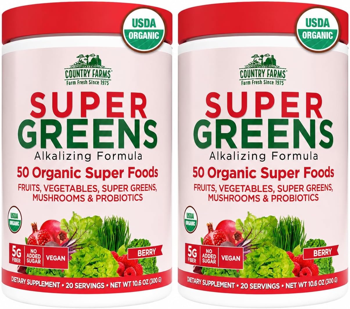Country Farms Organic Super Greens Powder, Daily Greens Drink Mix with 50 Organic Superfoods, Fruits, Vegetables, Fiber, Mushrooms & Probiotics for Gut Health, Digestion & Energy, Berry Flavor