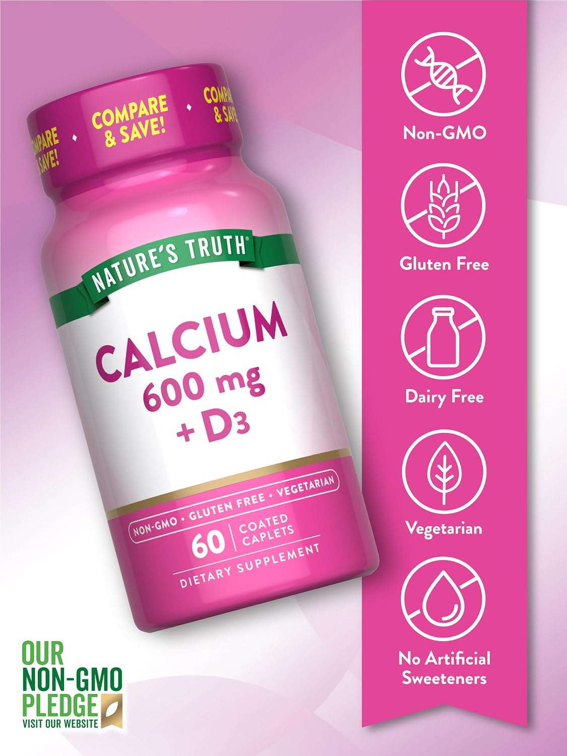 Nature's Truth Calcium 600 mg with Vitamin D3 | Coated Caplets | Calcium Carbonate | Vegetarian