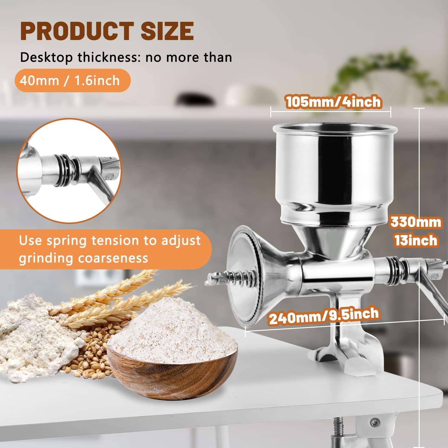 Moongiantgo Hand Grain Mill Manual Coffee Grinder Coarseness Adjustable Stainless Steel Hand Crank Grinding Tool with Table Clamp for Rice Spices