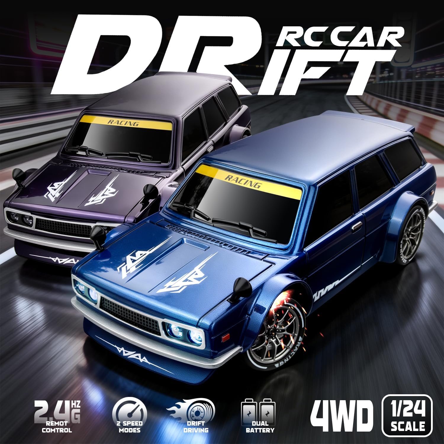 RC Drift Car Purple Racing Livery 1/24 Remote Control Car for Adult | 20KM/H 4WD Low/High Speed RC Cars with LED Lights, Extra Drifting Tires, Vehicle for Kids Boys Girls Beginners Indoor Outdoor