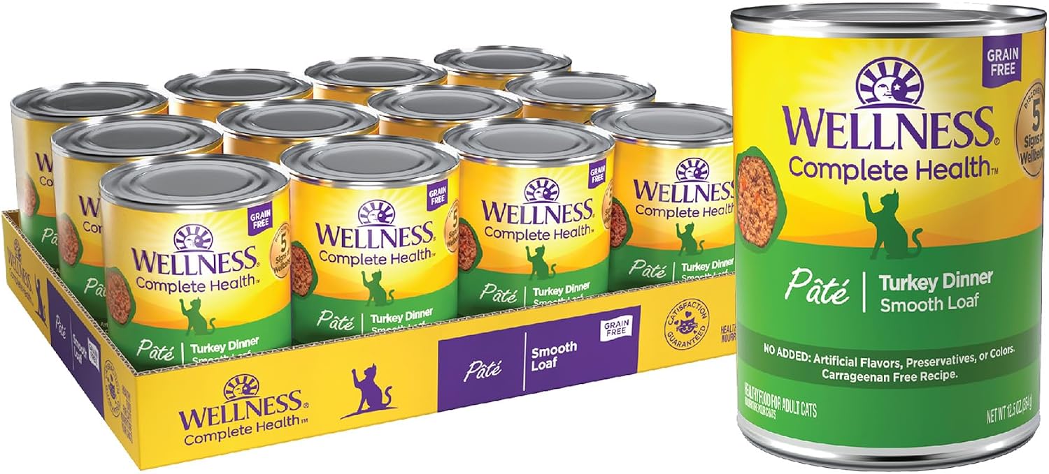 Wellness Complete Health Pate Adult Canned Wet Cat Food, Natural, Protein Rich, Grain Free, Turkey Dinner Recipe, 12.5 oz, Pack of 12 Cans