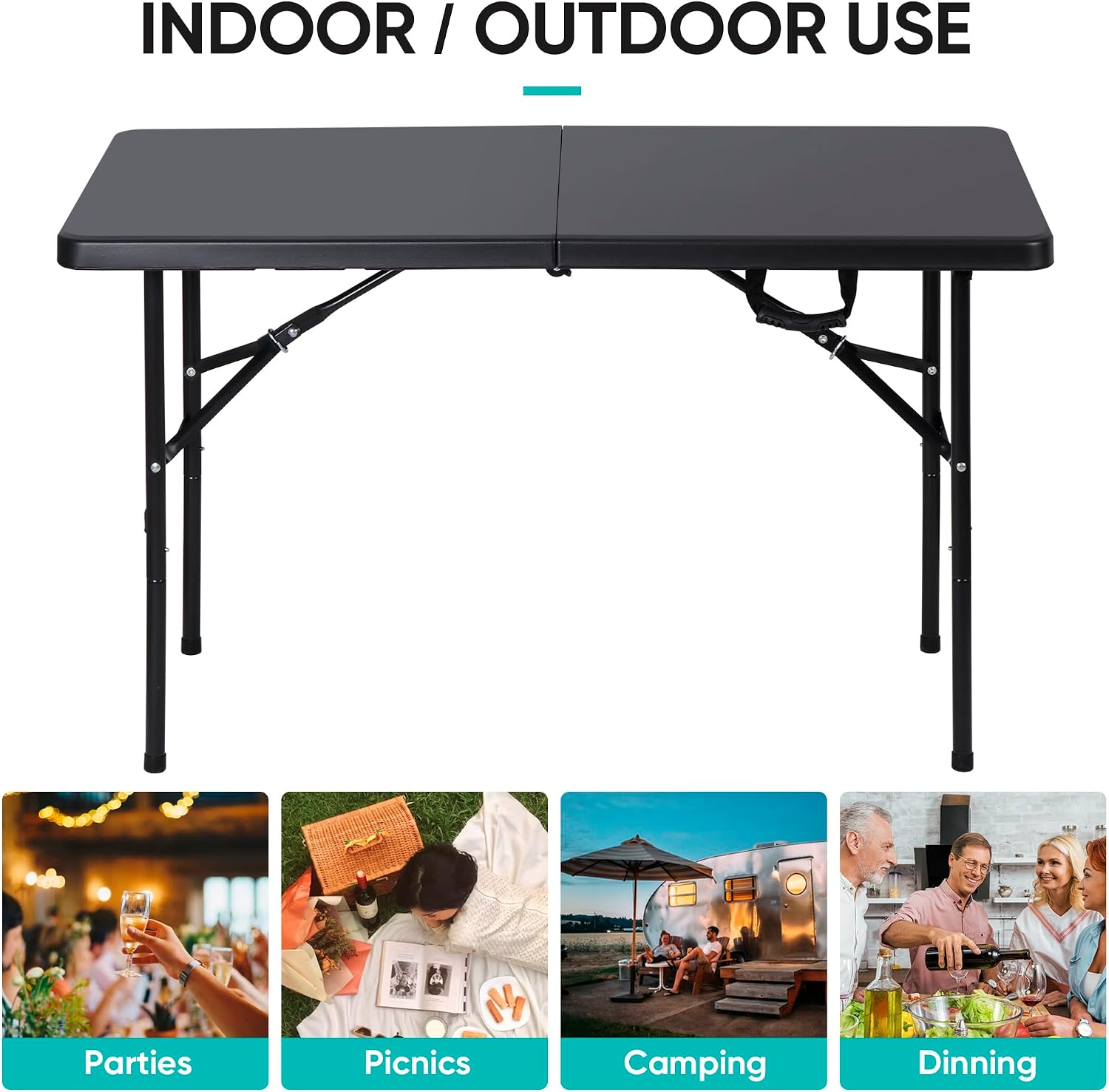 ZENY 6ft Folding Table, Portable Picnic Table, Plastic Table for Indoor Outdoor Picnic, Party, Camping, Heavy Duty Fold-up Table with Handle, White