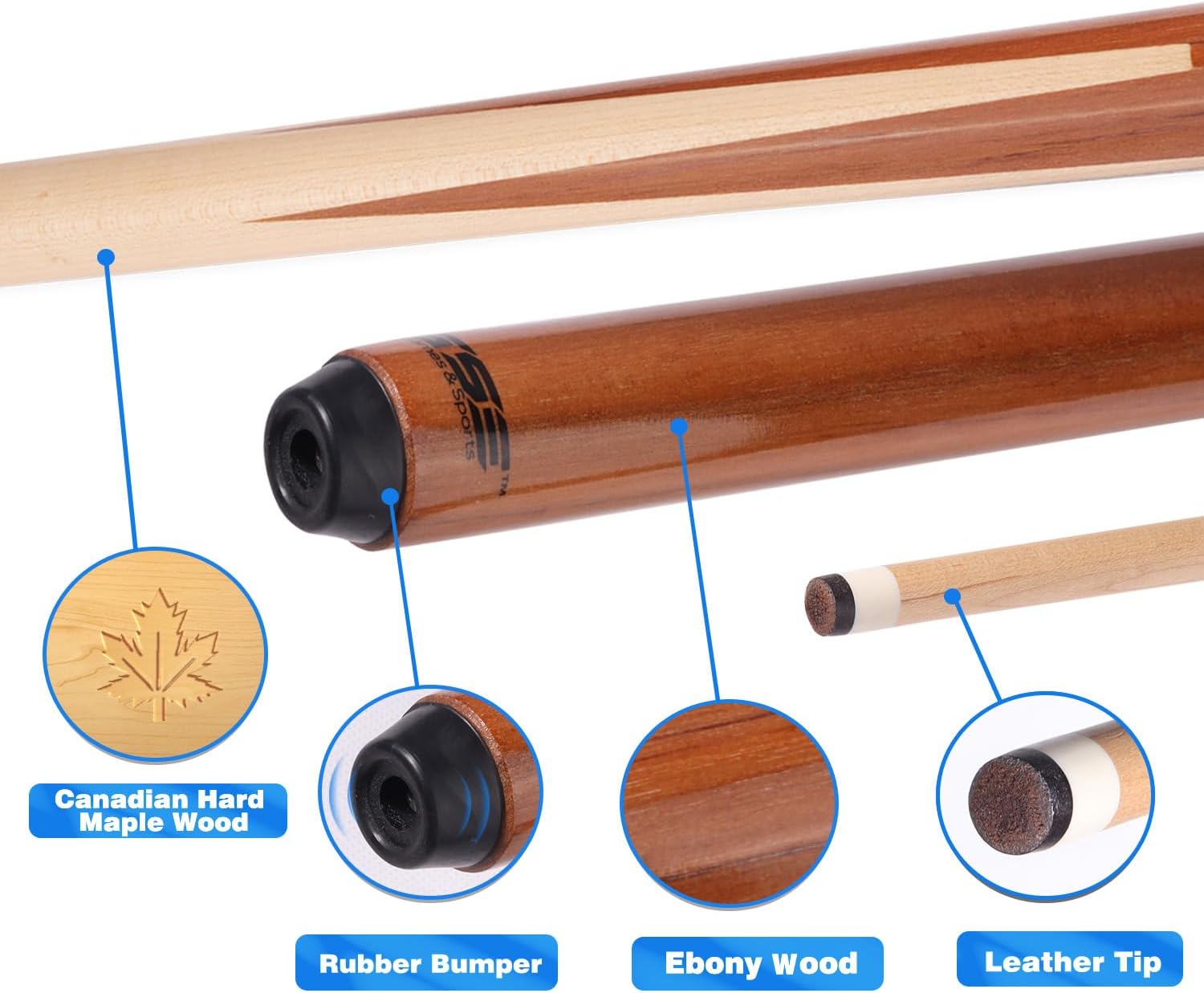 GSE 36"/42"/48"/52"/58" 1-Piece Canadian Maple Shorty Pool Cue Sticks | Solid Hardwood, Billiard House Bar Pool Cue Sticks for Beginners, Small Limited Tight Space Use