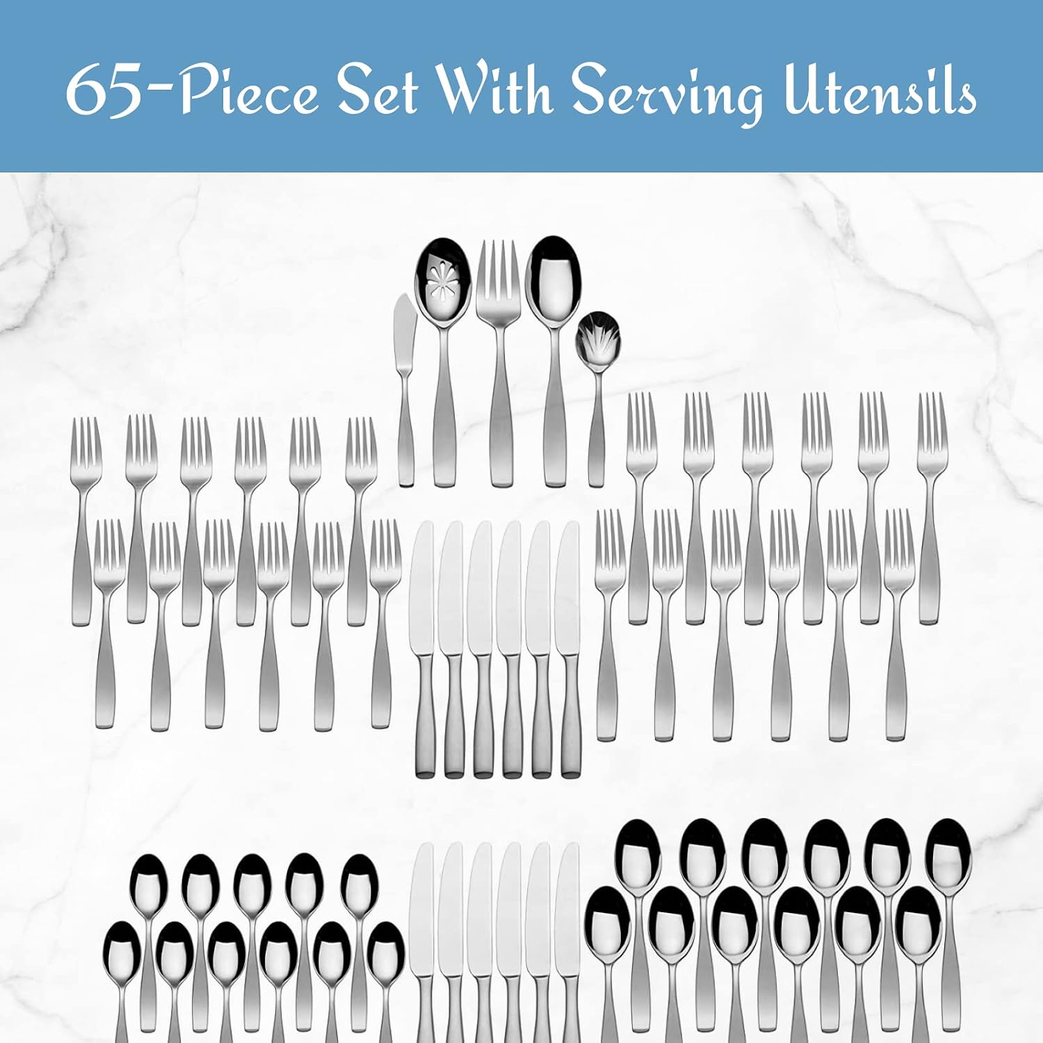 Mikasa, Virtuoso Frost Flatware Service for 12, 65 Piece Set, 18/10 Stainless Steel, Silverware Set with Serving Utensils