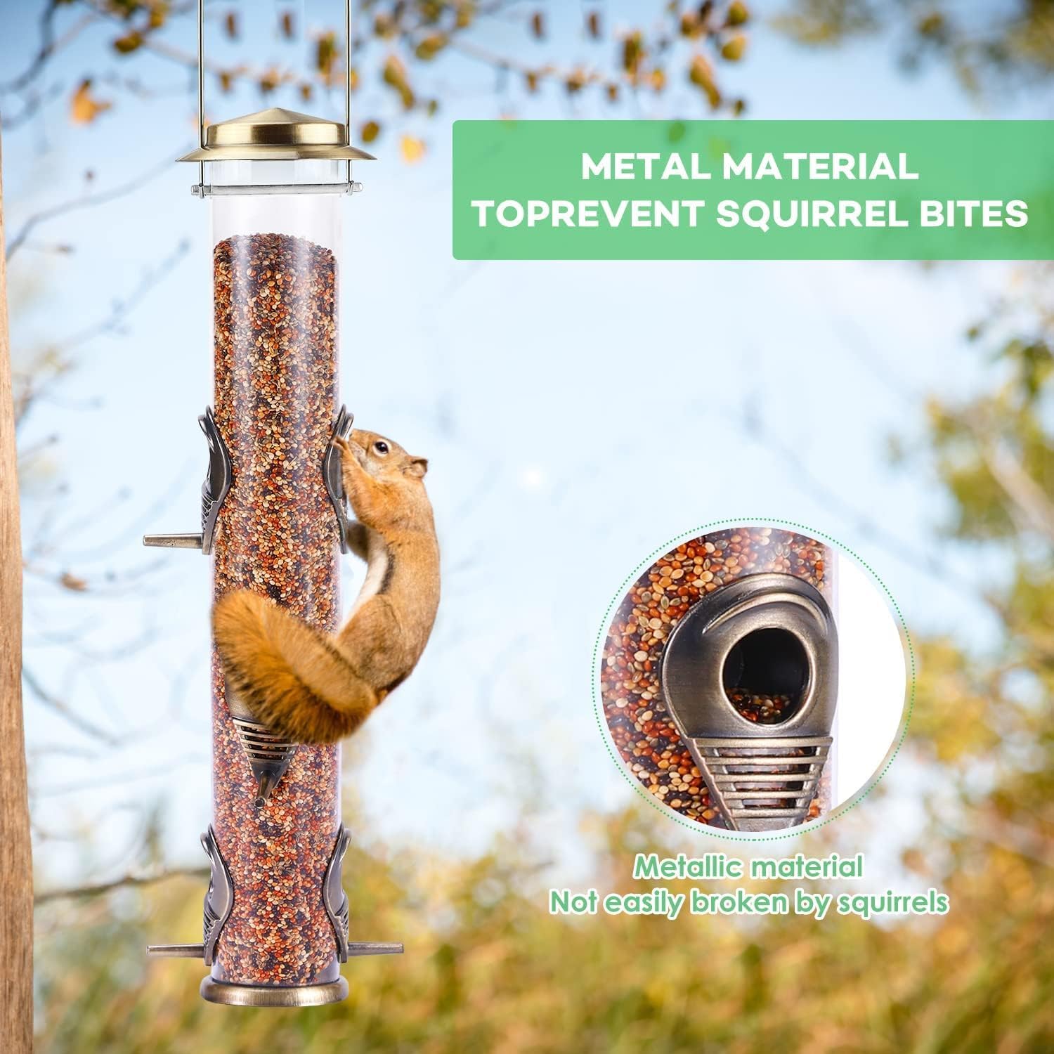 MIXXIDEA 1PK Metal Bird Feeders with 6 Feeding Ports, Tube Bird Feeder with Steel Hanger, Hard Plastic Wild Bird Feeder for Outdoors Hanging