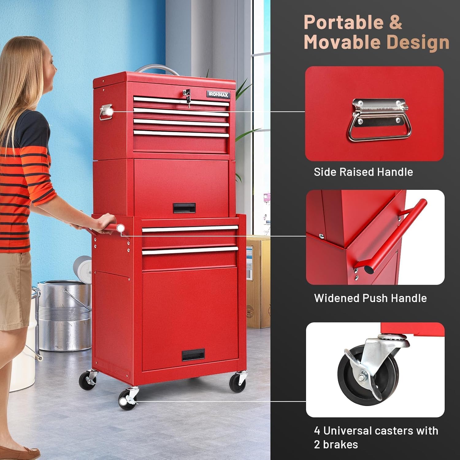 Goplus Rolling Tool Chest, 5-Drawer Tool Box Organizer w/Lockable Wheels & Sliding Drawers & Detachable Top & Adjustable Shelf, Tool Storage Cabinet for Garage Workshop (Red)