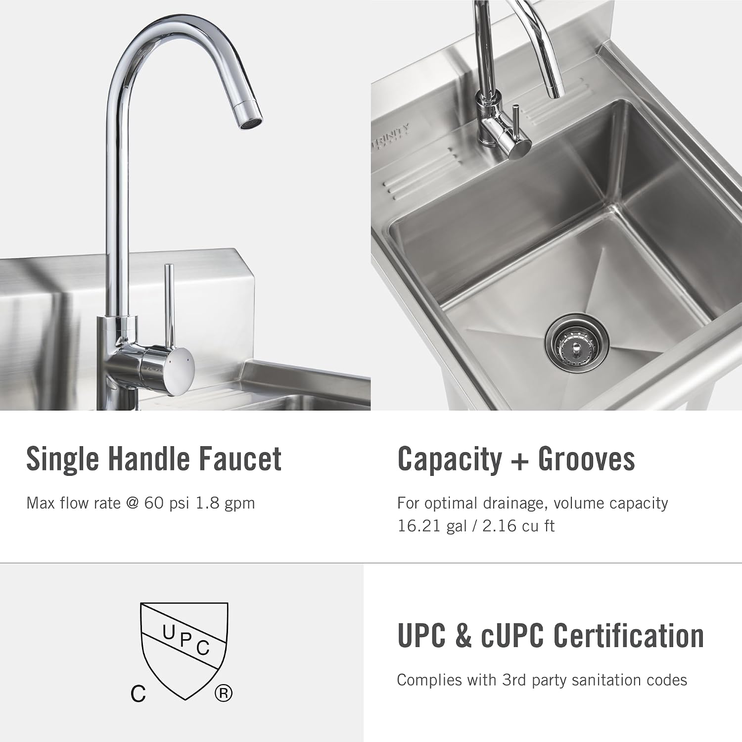 TRINITY BASICS 21.5in Freestanding Stainless Steel Utility Sink, NSF Sink For Laundry Room, Garage, Shop, Kitchen Prep, Food Truck, Dog Wash