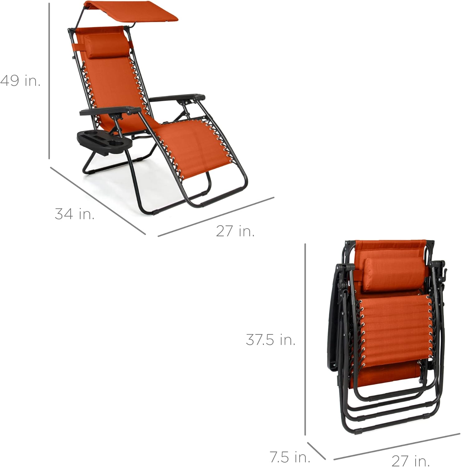 Best Choice Products Folding Zero Gravity Outdoor Recliner Patio Lounge Chair w/Adjustable Canopy Shade, Headrest, Side Accessory Tray, Textilene Mesh - Beige
