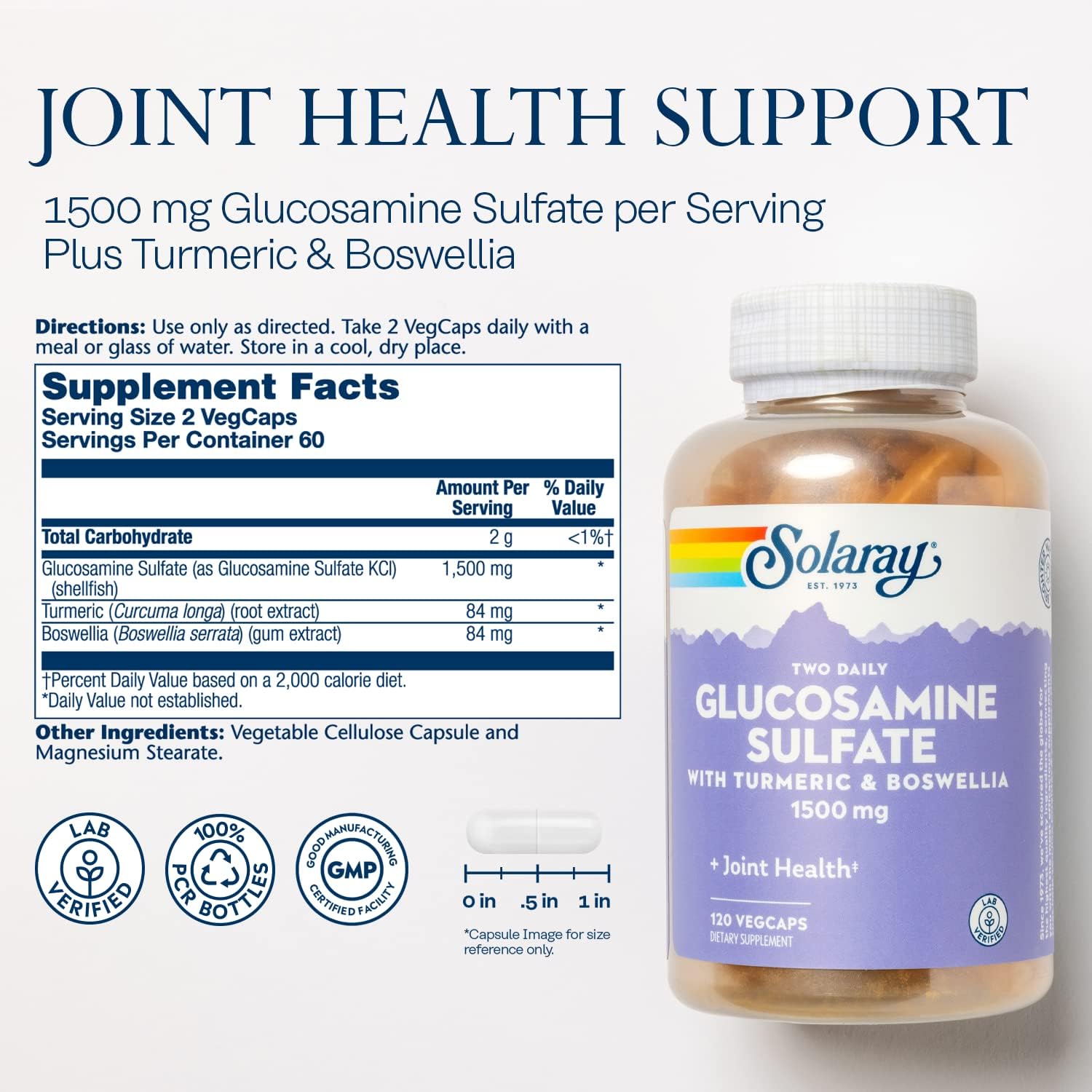 SOLARAY Glucosamine Sulfate 1500 mg, 120 VegCaps | Joint Mobility & Connective Tissue Support - Glucosamine, Turmeric & Boswellia - 60 Servings - Lab Verified