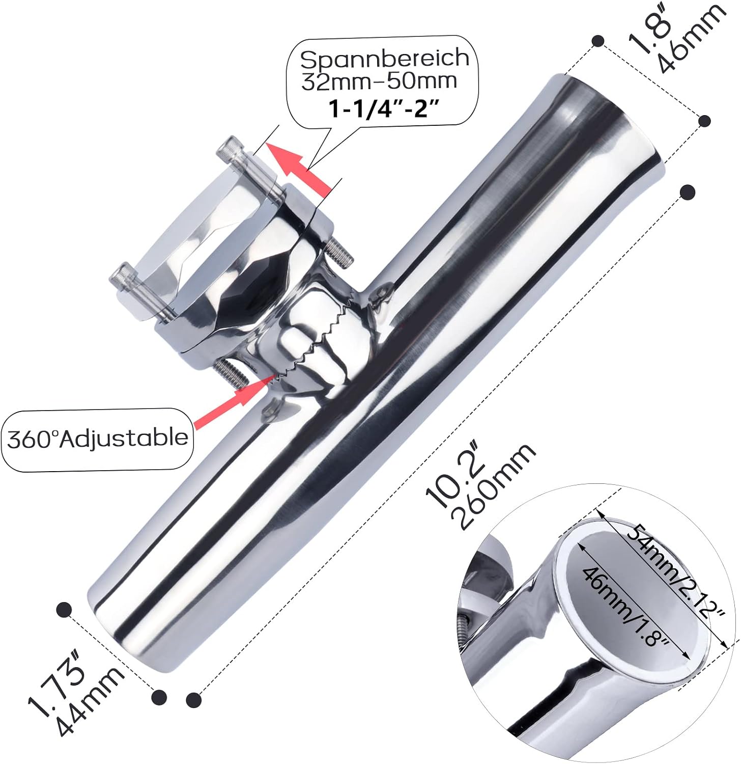 (2X) 316 Stainless Tournament Style Boat Fishing Holder Clamp on Fishing Rod Holder for Boat 1-1/4" to 2" Rail Gimbal Pin at Bottom
