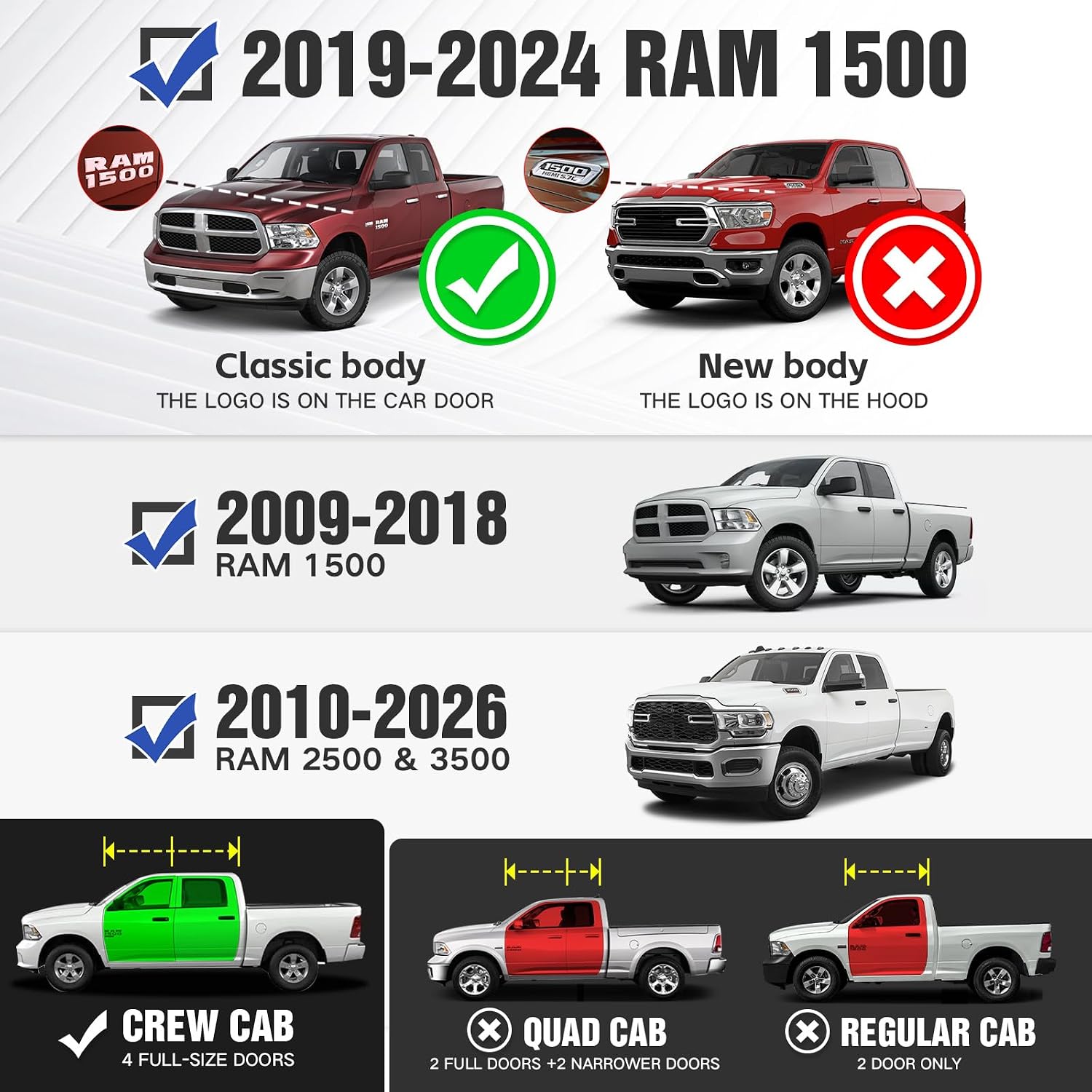 Crew Cab Running Boards Side Steps Compatible for 2009-2018 Dodge Ram 1500, 2019-2024 1500 Classic, 2010-2026 Dodge Ram 2500 & 3500 CrewCab
