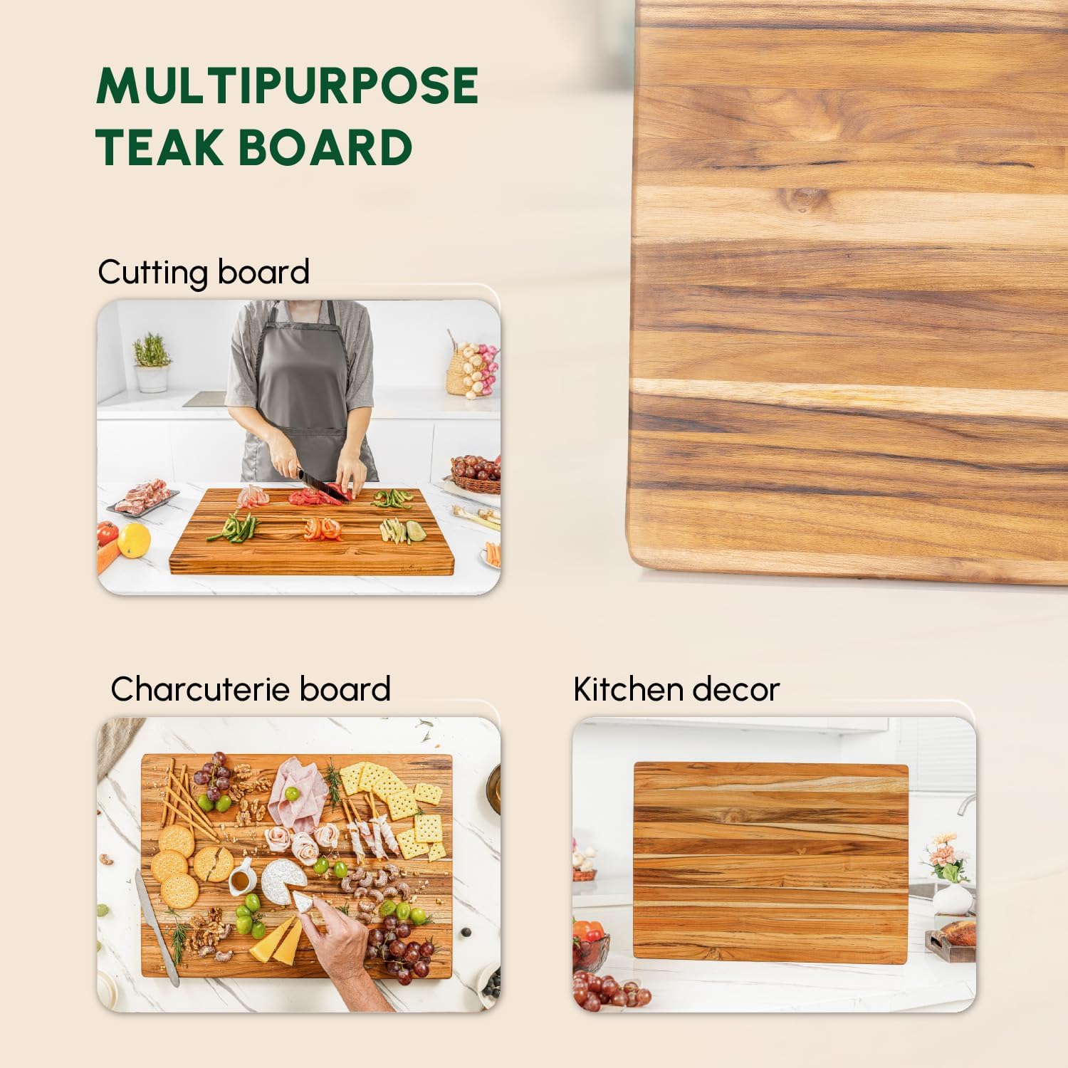 BEEFURNI Teak Wood Cutting Board with Hand Grip (20x15x1.25", M)