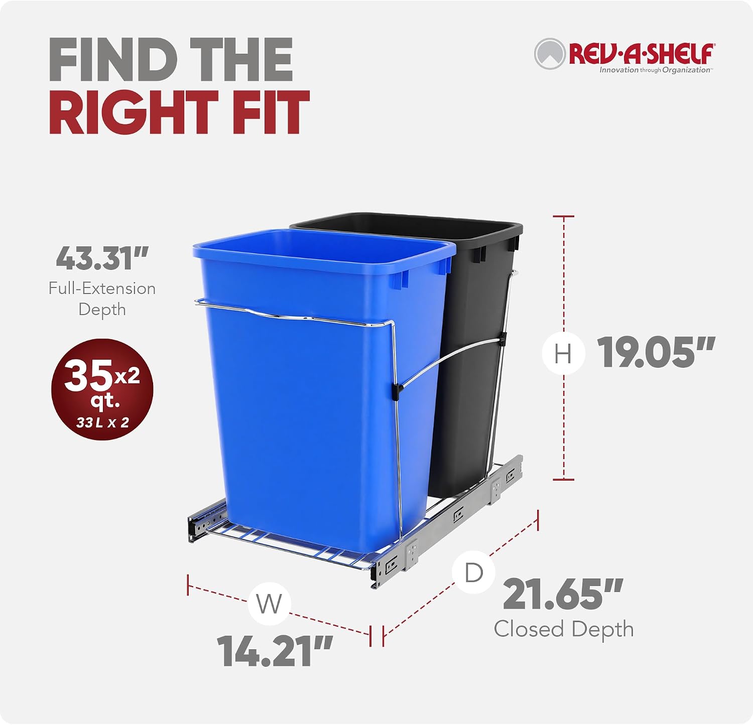 Rev-A-Shelf Double Pullout Garbage Trash Cans for Kitchen Cabinets, 35 Qt