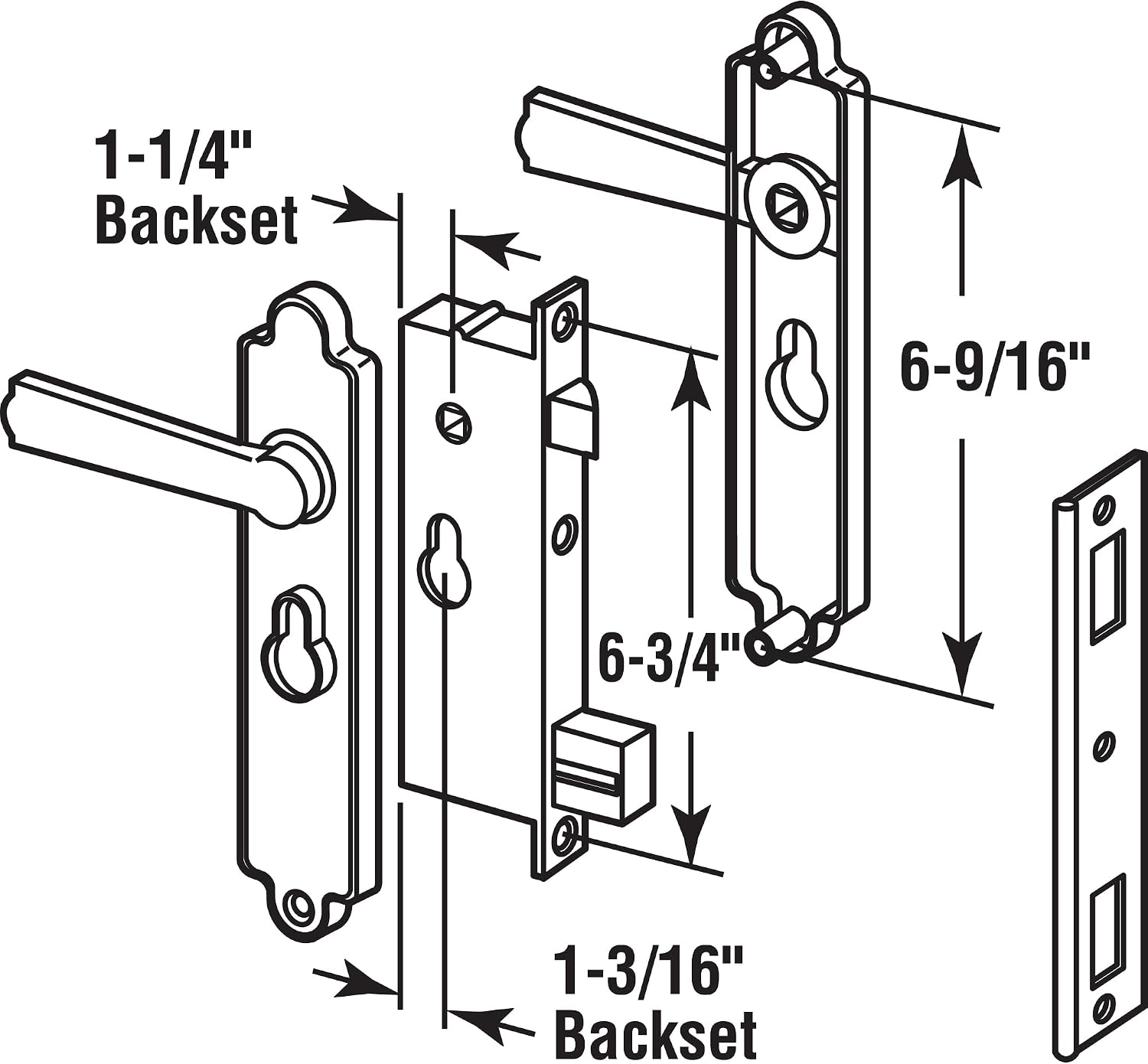 Prime-Line K 5092 Steel and Diecast Security Door Keyed-Locking Mortise Handle Set for Security Screen Doors, 6-3/4 Inch Mounting Hole Centers, Black, Set of 1