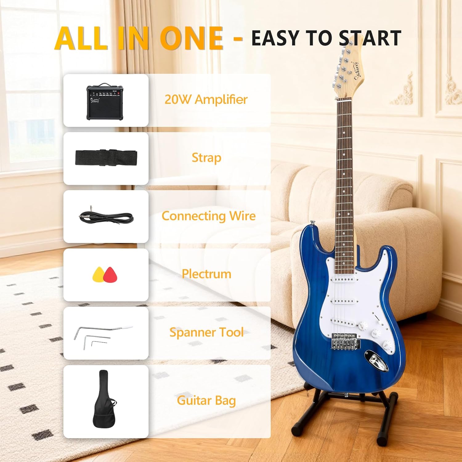 GLARRY Full Size Electric Guitar for Music Lover Beginner with 20W Amp and Accessories Pack Guitar Bag (DARK BLUE, 39" Right Handed)