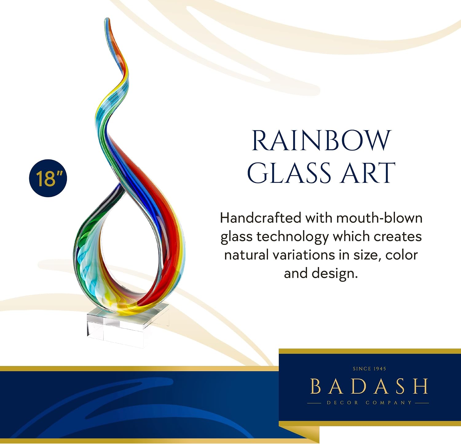 Badash Rainbow Murano-Style Art Glass Sculpture Centerpiece, 18 Inch | Murano-style art glass sculpture for tabletop decor, living rooms, offices, shelves, console tables and gifts