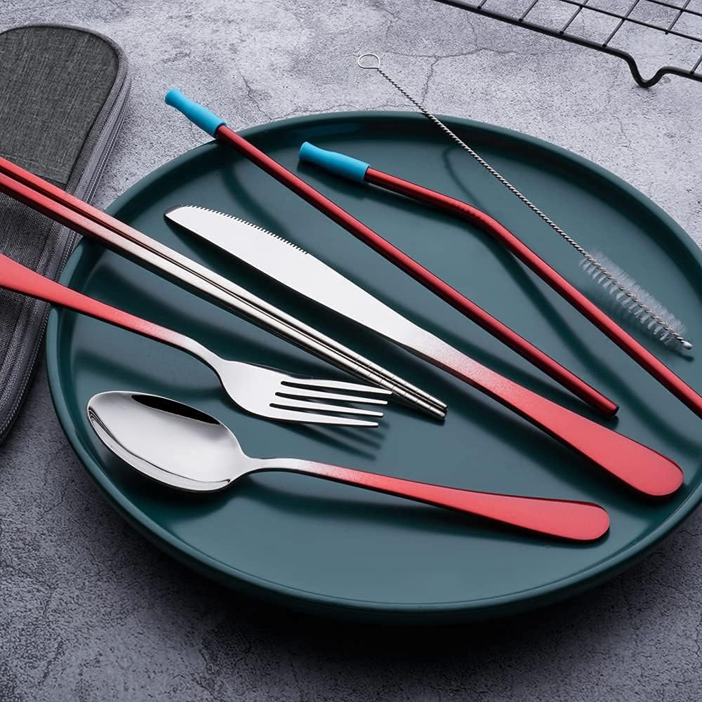 Travel Utensils Set with Case Reusable Portable Cutlery Set Stainless Steel 8pcs Including Dinner Knife Fork Spoon Chopsticks Straws(Rainbow)