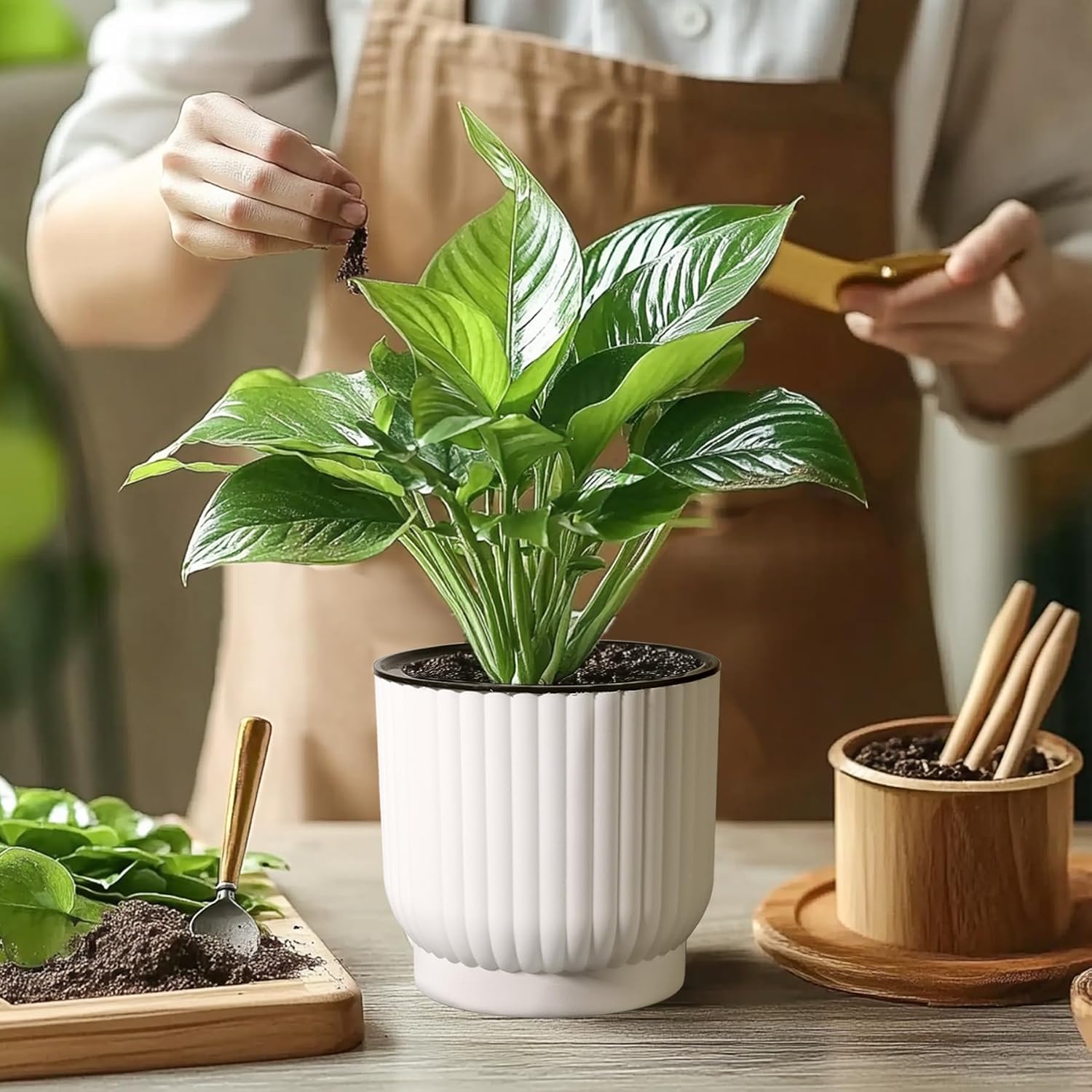 T4U Self Watering Pots for Indoor Plants, 4 Inch 6 Pack Planter White
