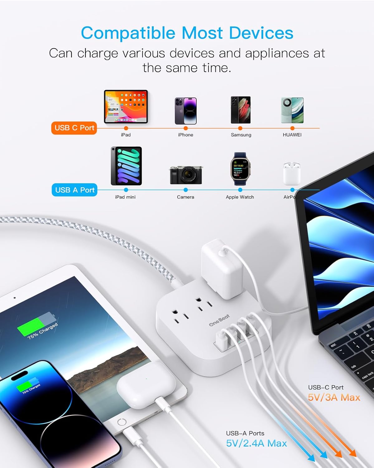 One Beat Power Strip with USB C, 3 Outlets 4 USB Ports (22.5W/4.5A), 6ft