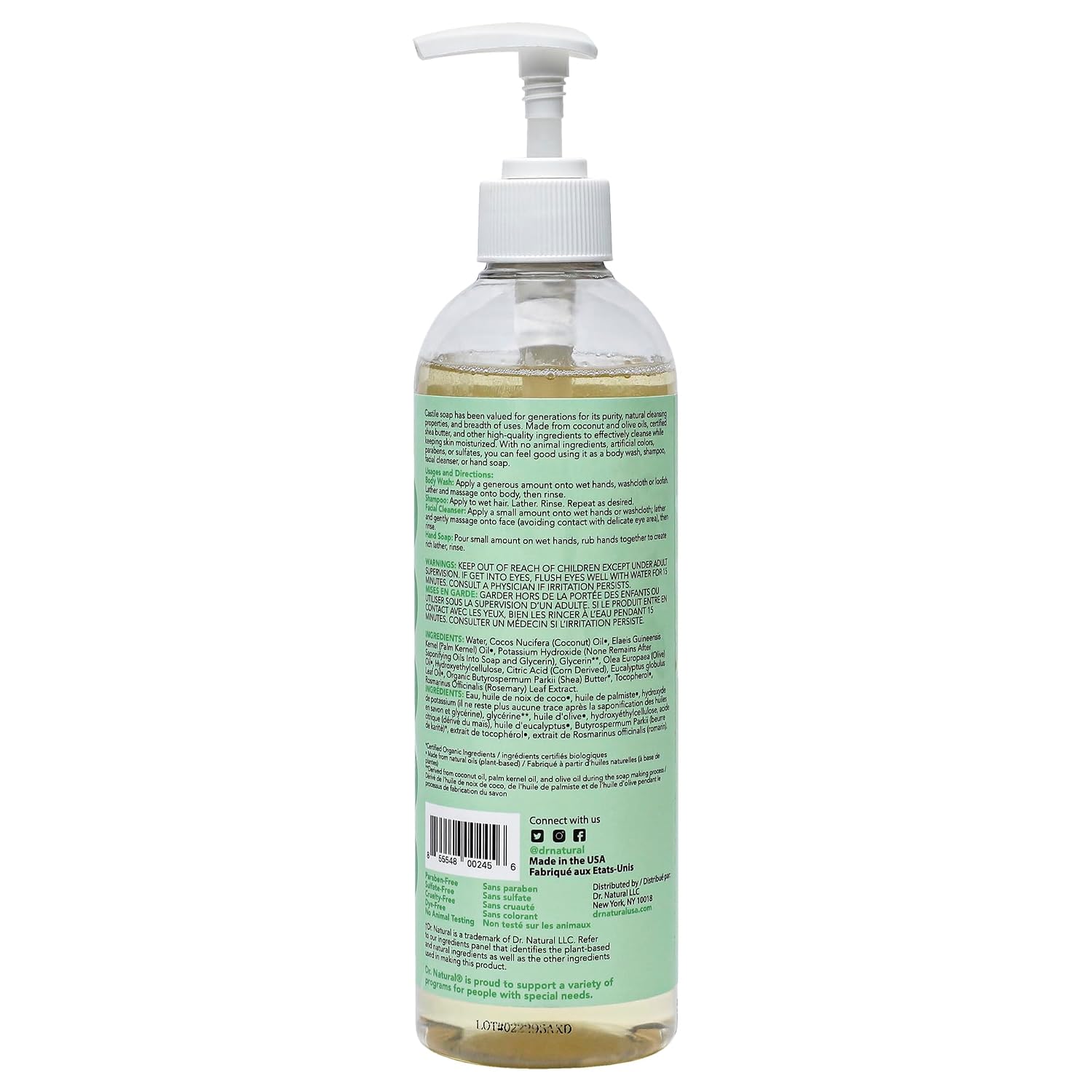 Dr. Natural Castile Liquid Soap - Multi-Use Body Wash, Shampoo and Face Wash - Hydrating Body Soap for Skin, Hair, Pets and Home - Eucalyptus - 32 oz