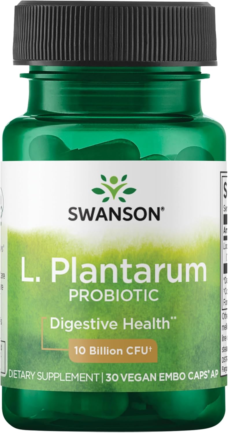 Swanson L. Plantarum - 10 Billion CFUs - Probiotic Supplement for Occasional Gas & Bloating - Supports Lower GI Tract Health* - No Refrigeration Needed - Non-GMO - 30 Vegan Capsules