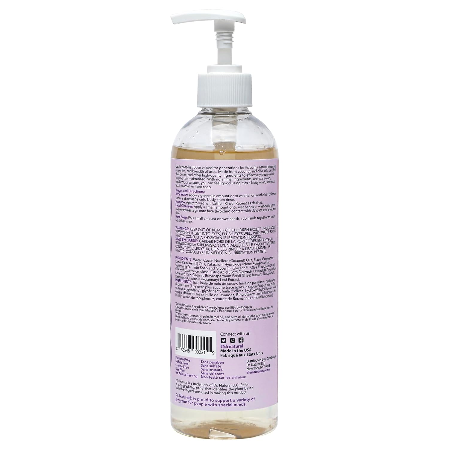Dr. Natural Castile Liquid Soap - Multi-Use Body Wash, Shampoo and Face Wash - Hydrating Body Soap for Skin, Hair, Pets and Home - Eucalyptus - 32 oz
