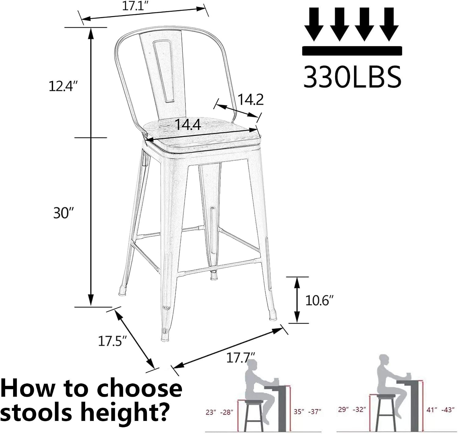 Alunaune 24" Swivel Metal Bar Stools Set of 4 High Back Counter Height Barstools Industrial Dining Bar Chairs with Large Wooden Seat-Matte Black
