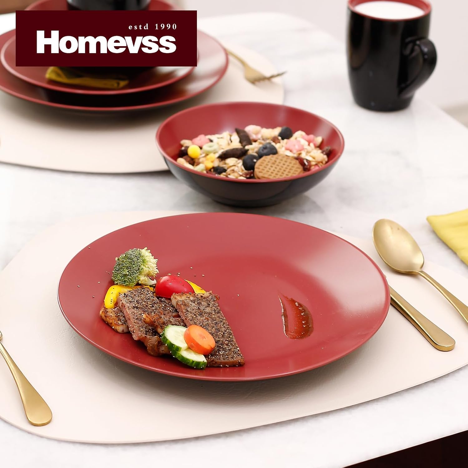 Stoneware Two-Tone Colors Life 16pc Dinner Set，Outside Shiny Black + Inside Matte Glaze Olive