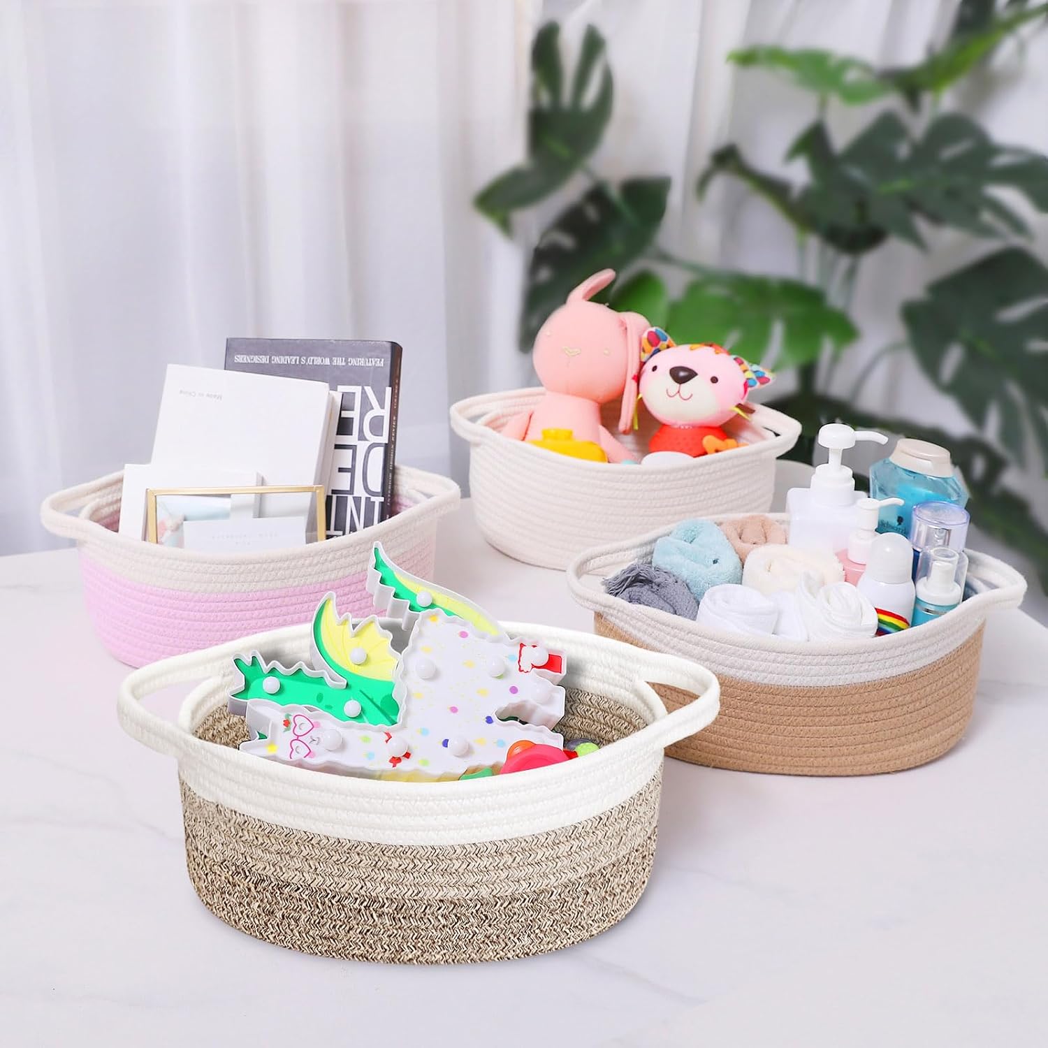 ABenkle Small Basket with Handles, Boho Decorative Rope Woven Dog Cat Toy Storage Bin Shelf Storage Organizer, Easter Christmas Gift Basket, 12"x8"x5"