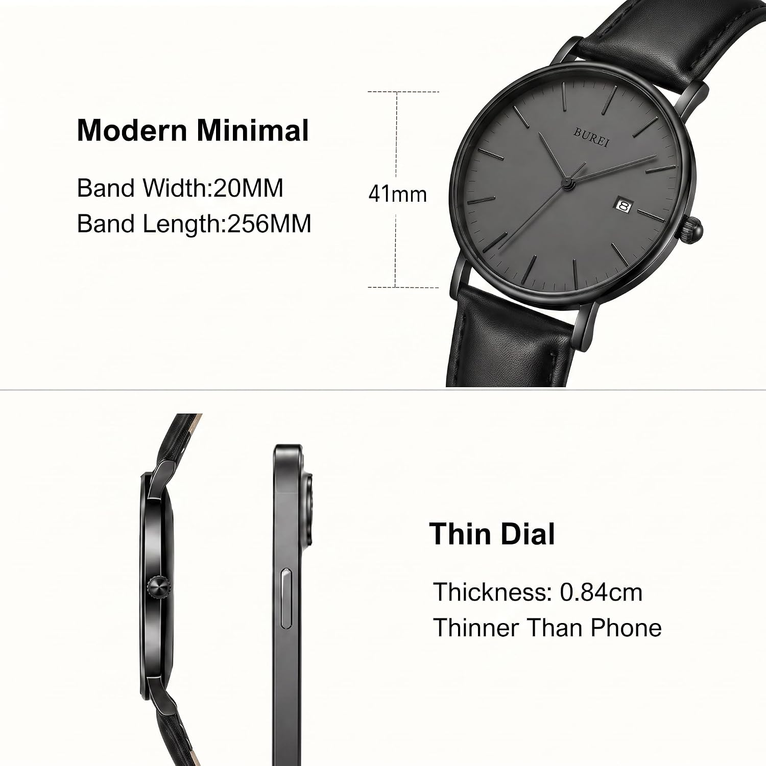 BUREI Men Wrist Watches Fashion Minimalist Thin Analog Quartz Waterproof Watches for Men, Refined Gifts for Men, Boyfriend, Husband, Dad