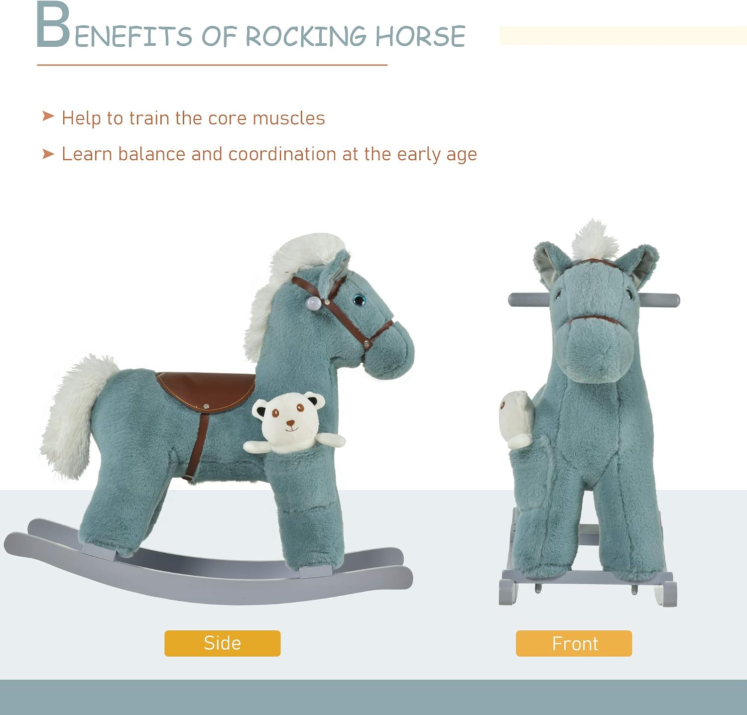 Qaba Kids Rocking Horse with Bear Toy Fun Realistic Sounds Toddler Blue