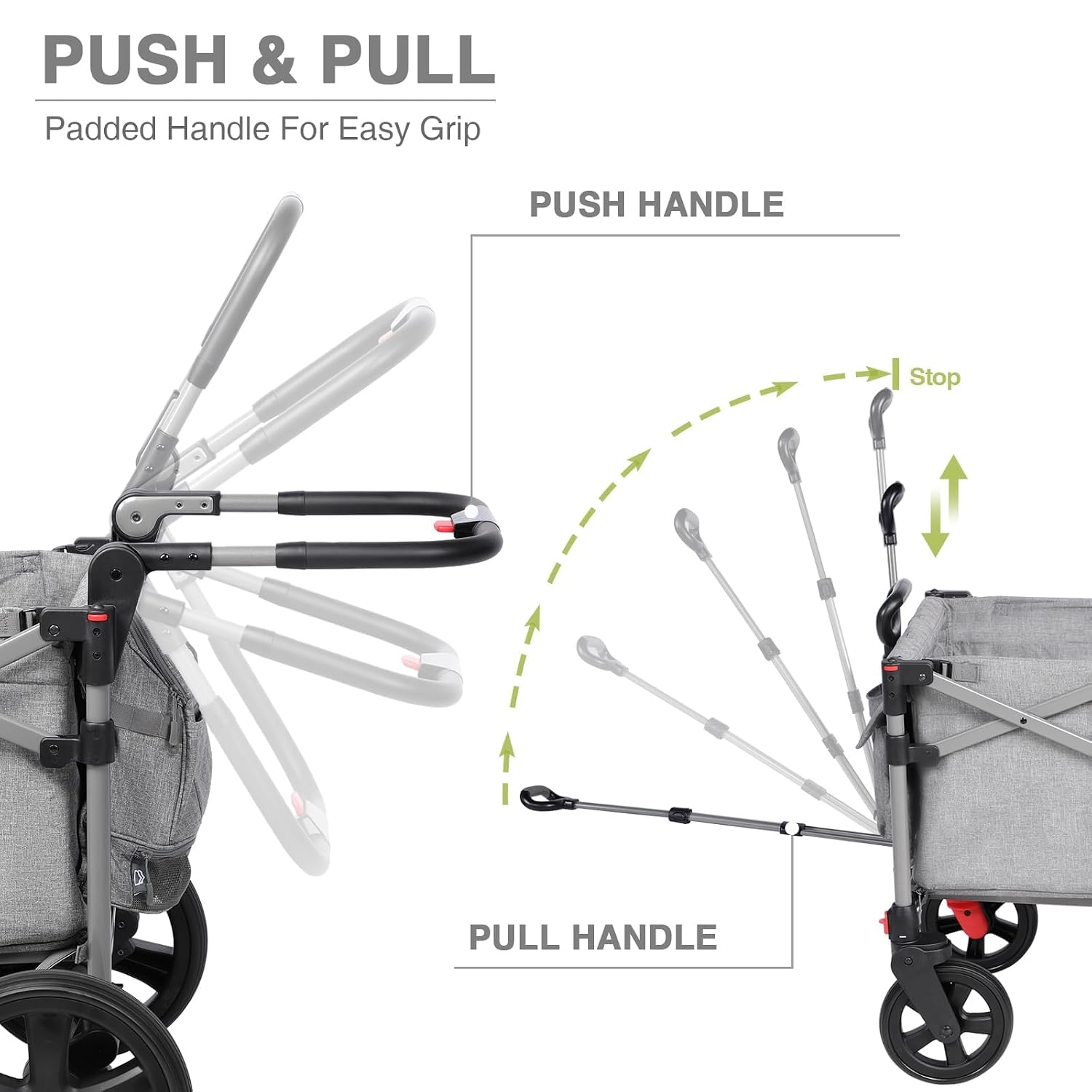 EVER ADVANCED Foldable Wagons for Two Kids & Cargo, Collapsible Folding Stroller with Adjustable Handle Bar,Removable Canopy with 5-Point Harness Gray
