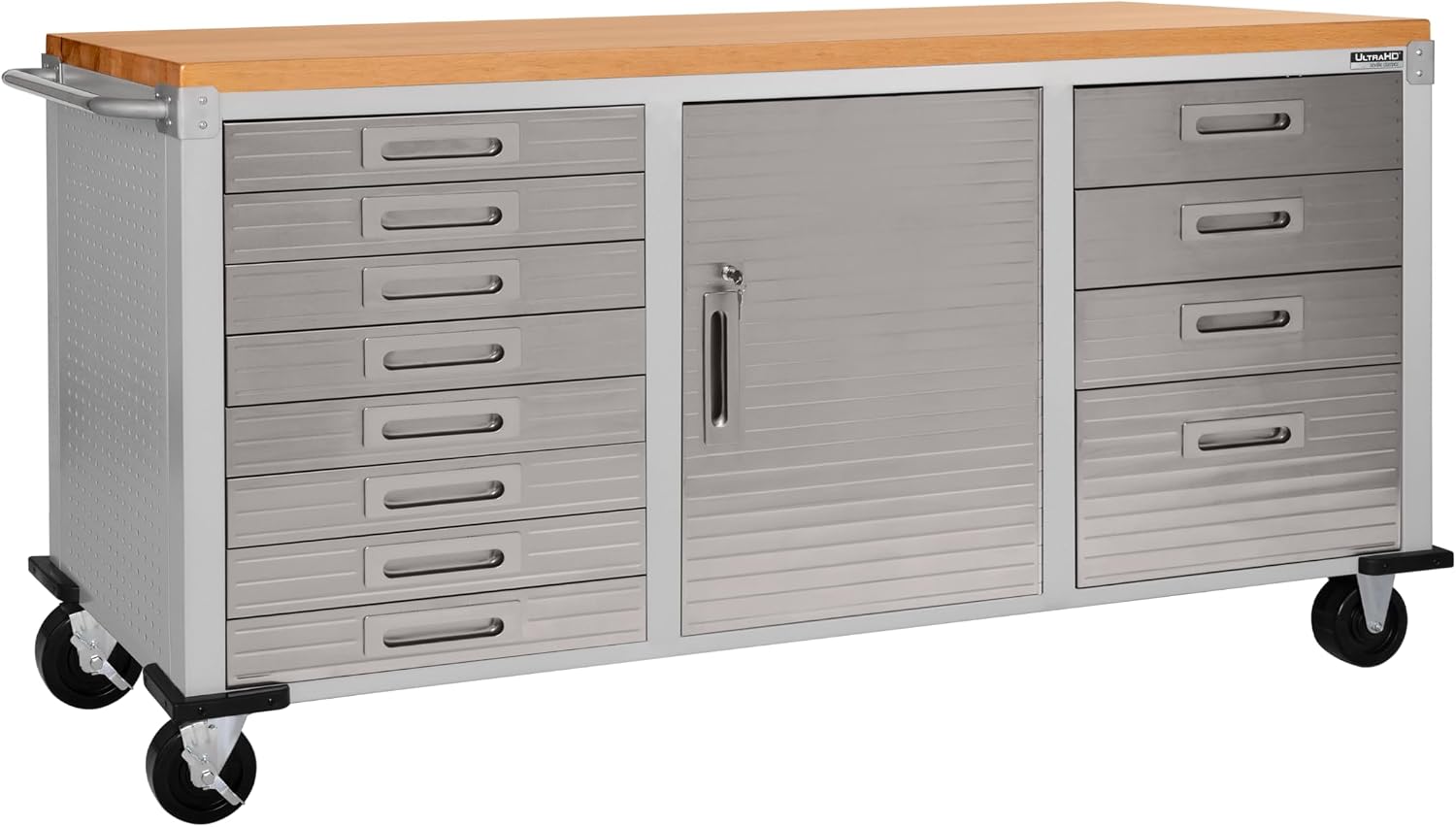 Seville Classics UltraHD Heavy Duty Rolling Cabinet Workbench Table w/Solid Wood Top, Workstation for Garage, Warehouse, Office, Workshop, 77" W x 20" D x 37.5" H, Graphite, 11-Drawer