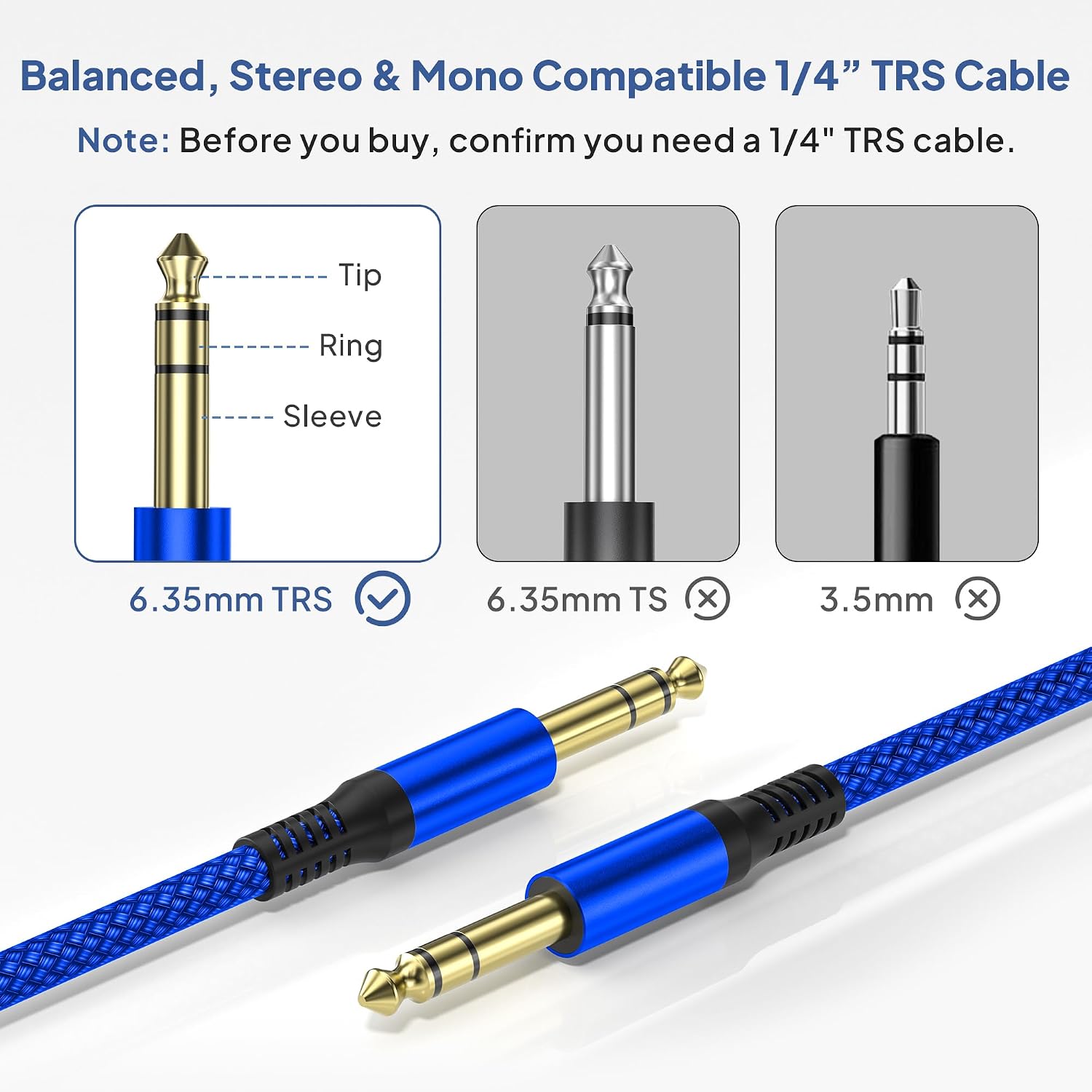 Elebase 1/4 Inch TRS Instrument Cable 10FT 2Pack,6.35mm Male Guitar Cord 3M