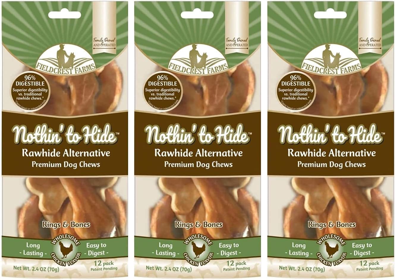 Fieldcrest Farms 3 Pack of Nothin' to Hide Chicken Rings and Bones, 12 Count Each, Rawhide Alternative Dog Chews