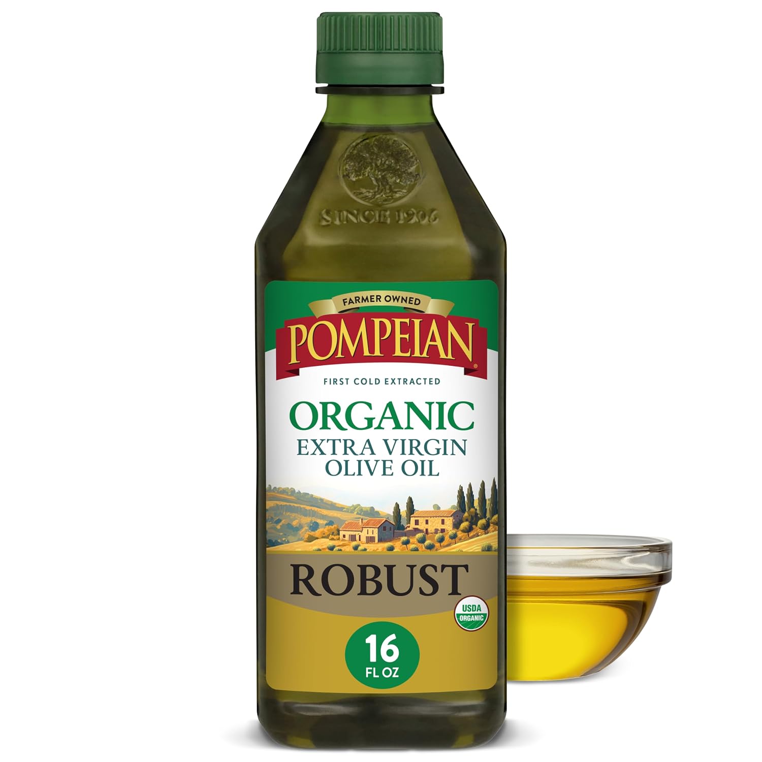 Pompeian Robust Organic Extra Virgin Olive Oil - 16 fl oz | First Cold Pressed Olive Oil for Cooking - Full-Bodied Taste for Dressings and Marinades