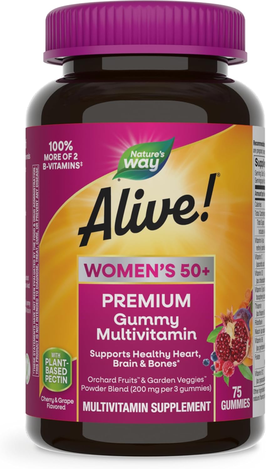 Nature's Way Alive! Premium Women's 50+ Gummy Multivitamin, 75 ct | 16 Nutrients; Grape and Cherry Flavored Gummies with Plant-Based Pectin; Supports Heart, Brain, Immune, Bone, and Eye Health*
