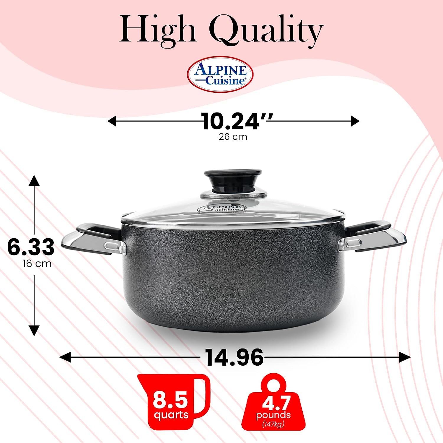 Alpine Cuisine 4 Quart Non-stick Stock Pot with Tempered Glass Lid and Carrying Handles, Multi-Purpose Cookware Aluminum Dutch Oven for Braising, Boiling, Stewing