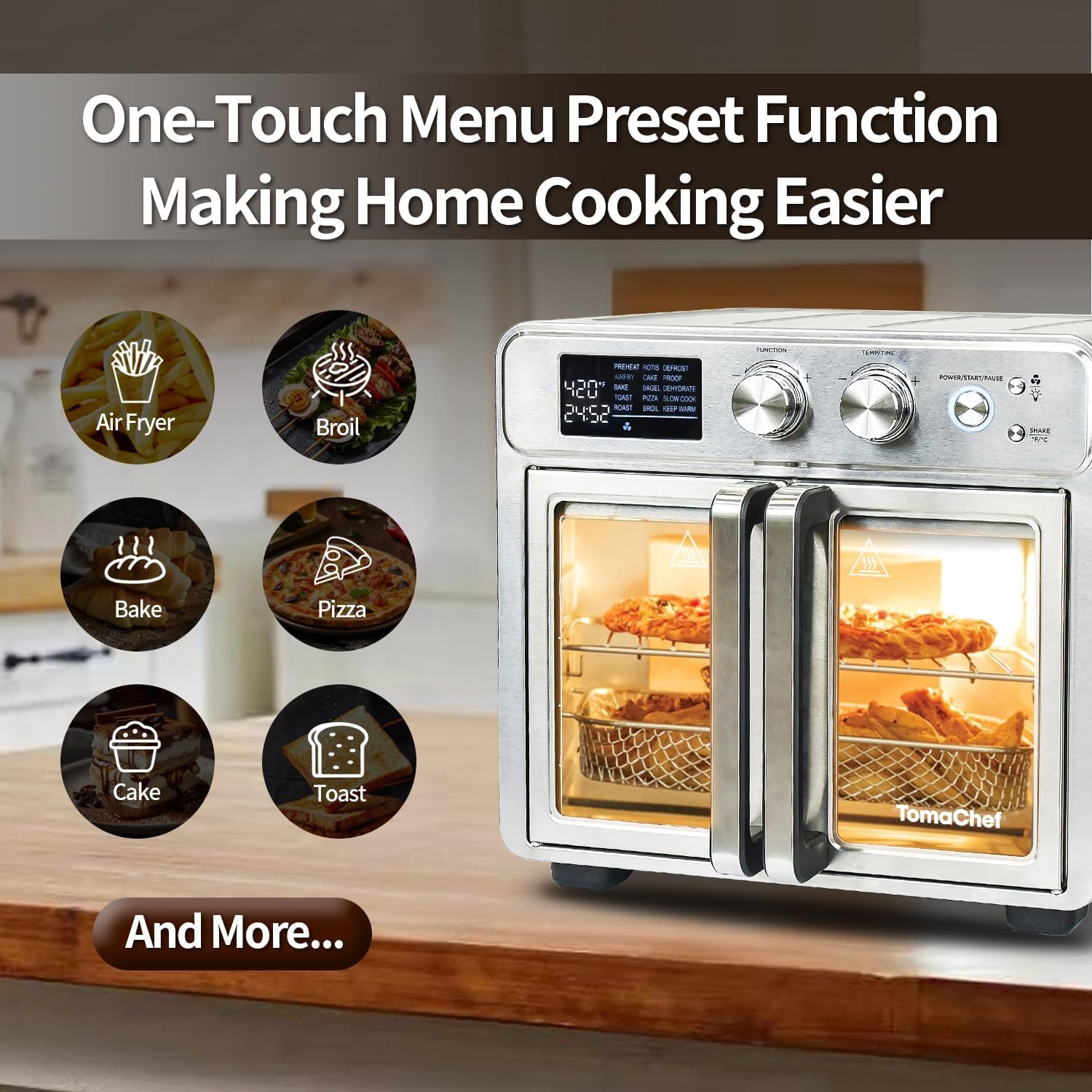 TomaChef 26QT French Door Air Fryer Oven Combo, 15-in-1 | 15 Cooking Functions and Digital Controls, 30 Recipes & 5 Accessories