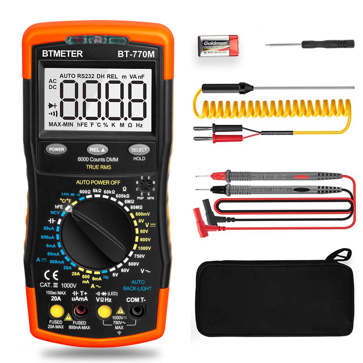 Digital Multimeter TRMS 6000 Count, BTMETER BT-770M Auto/Manual Ranging DMM Electrical Meter Tester for AC/DC Amp, AC/DC Volt