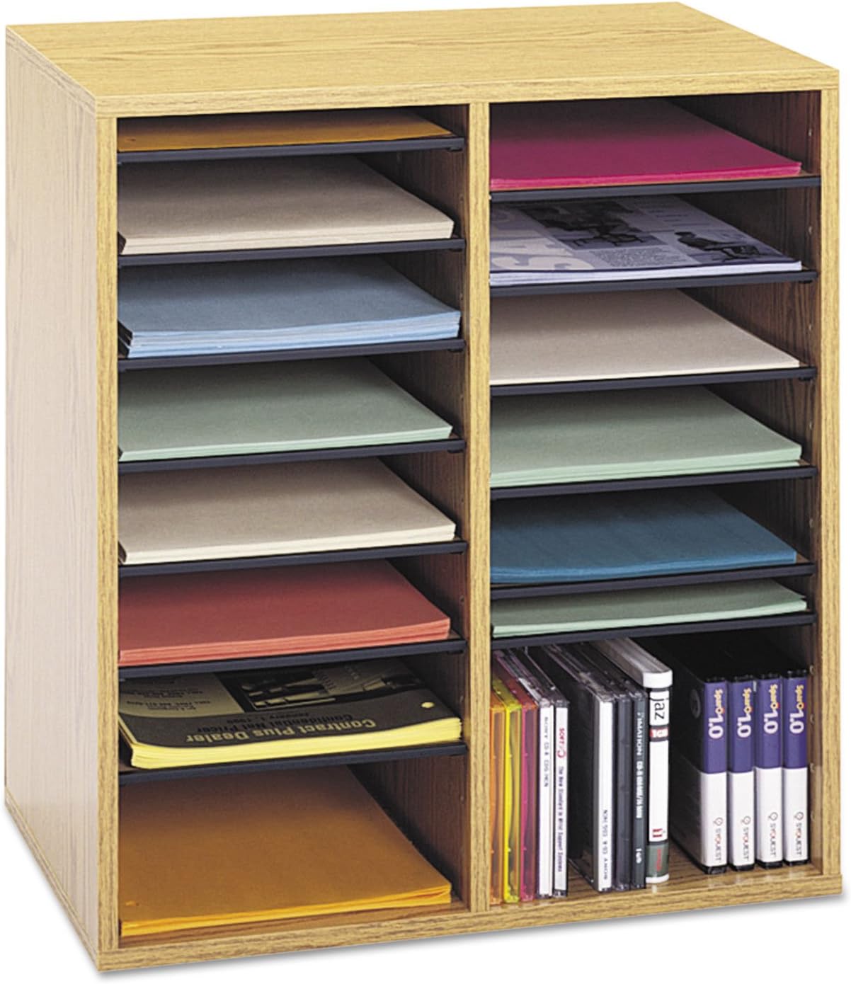Safco Wood Adjustable Literature Organizer, 16 Compartment with Adjustable Shelves, CDs Storage, and Durable Laminate Finish, for Home Office