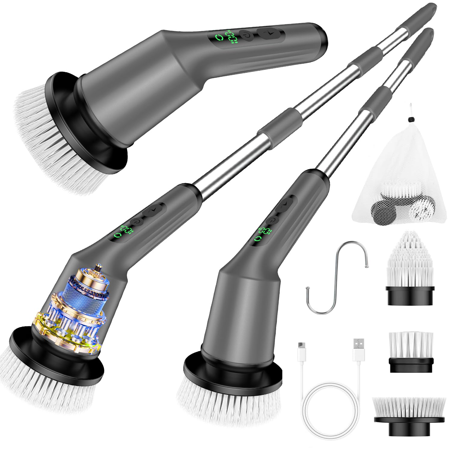 Electric Spin Scrubber for Bathroom, Shower Scrubber with Long Handle | Shower Cleaner Brushes, IPX7 Waterproof & 2 Speed, 3 Brush Heads, 90min Runtime, Bathroom Cleaning Supplies for Toilet Tub