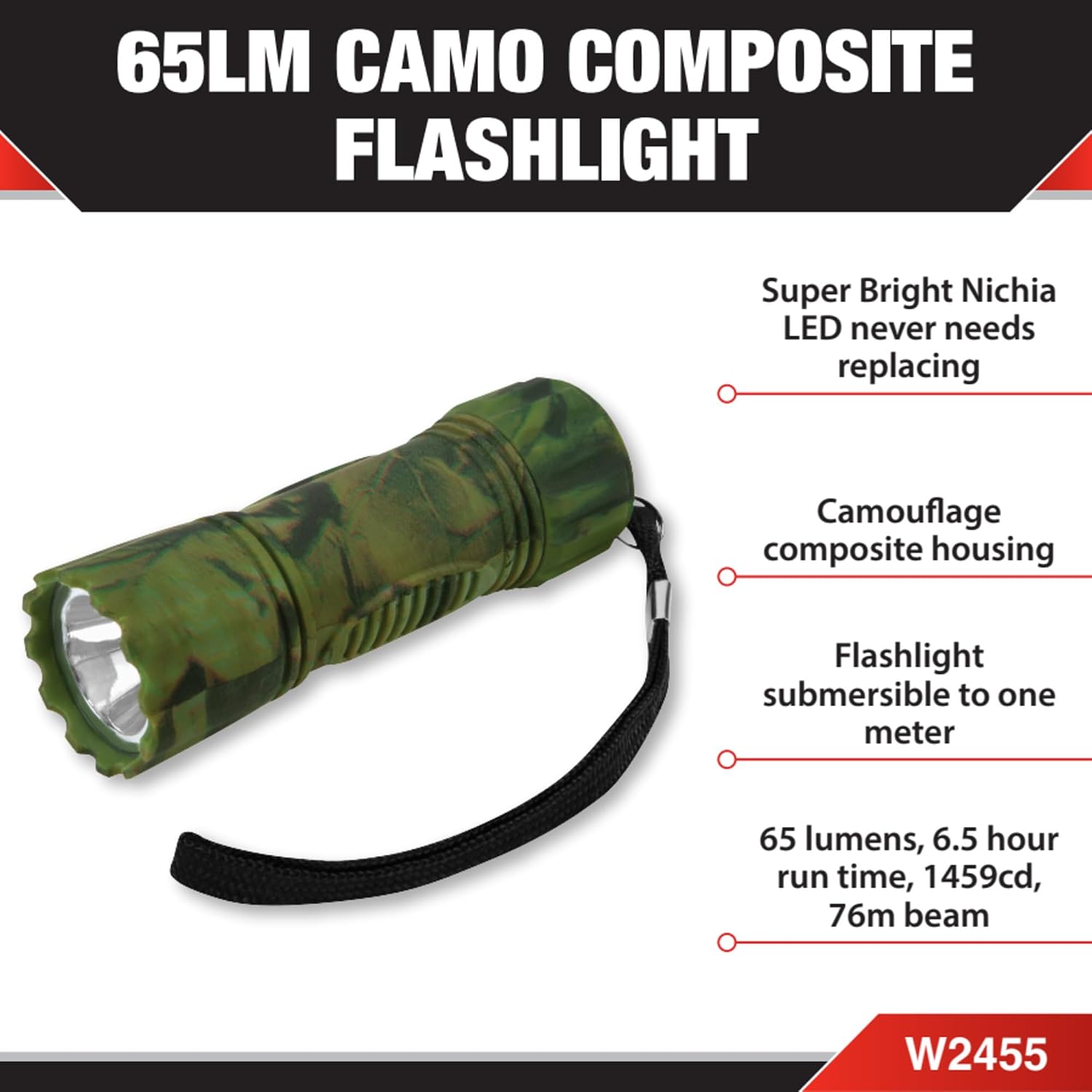 Performance Tool W2455 Storm 65 Lumen Camo Composite LED Flashlight | Submersible to one meter. 6.5-hour run time. 76m beam distance. Super bright