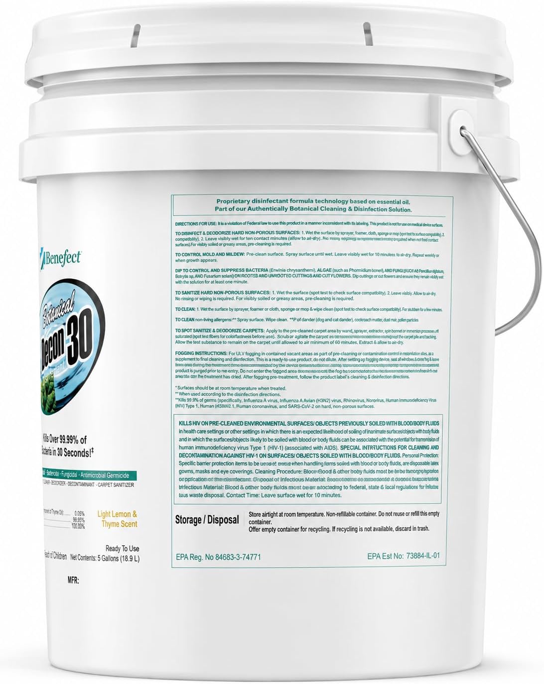 Benefect Botanical Decon 30 Disinfectant Cleaner - All Natural Formula for Effective Cleaning Power - Ideal for Restoration Jobs & Water Damage - 20476 - 1 Gallon