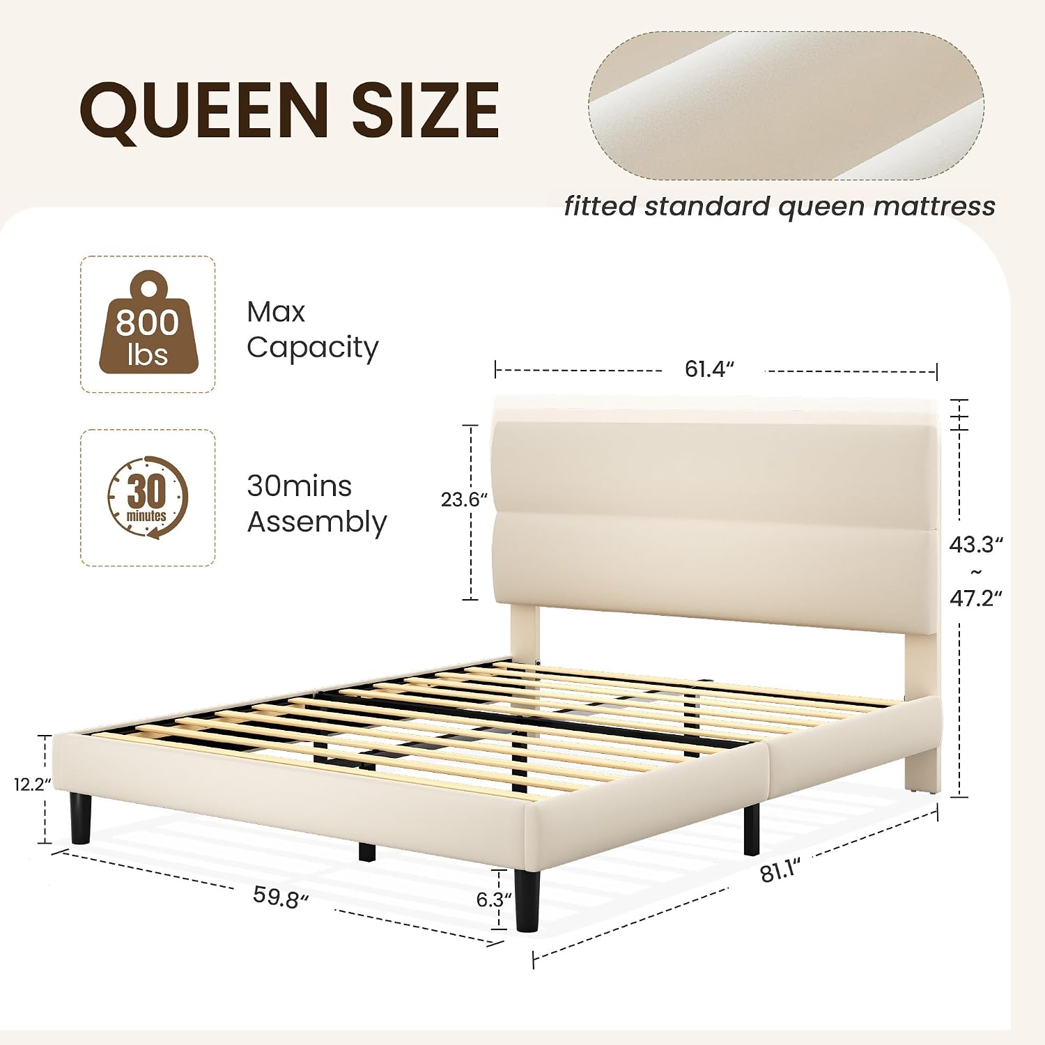 GRUSIGN Queen Size Platform Bed Frame with Velvet Headboard, Adjustable Height Wooden Slats Support, Upholstered Mattress Foundation, Fits Mattress or Mattress with Box Spring, Easy Assembly, Beige
