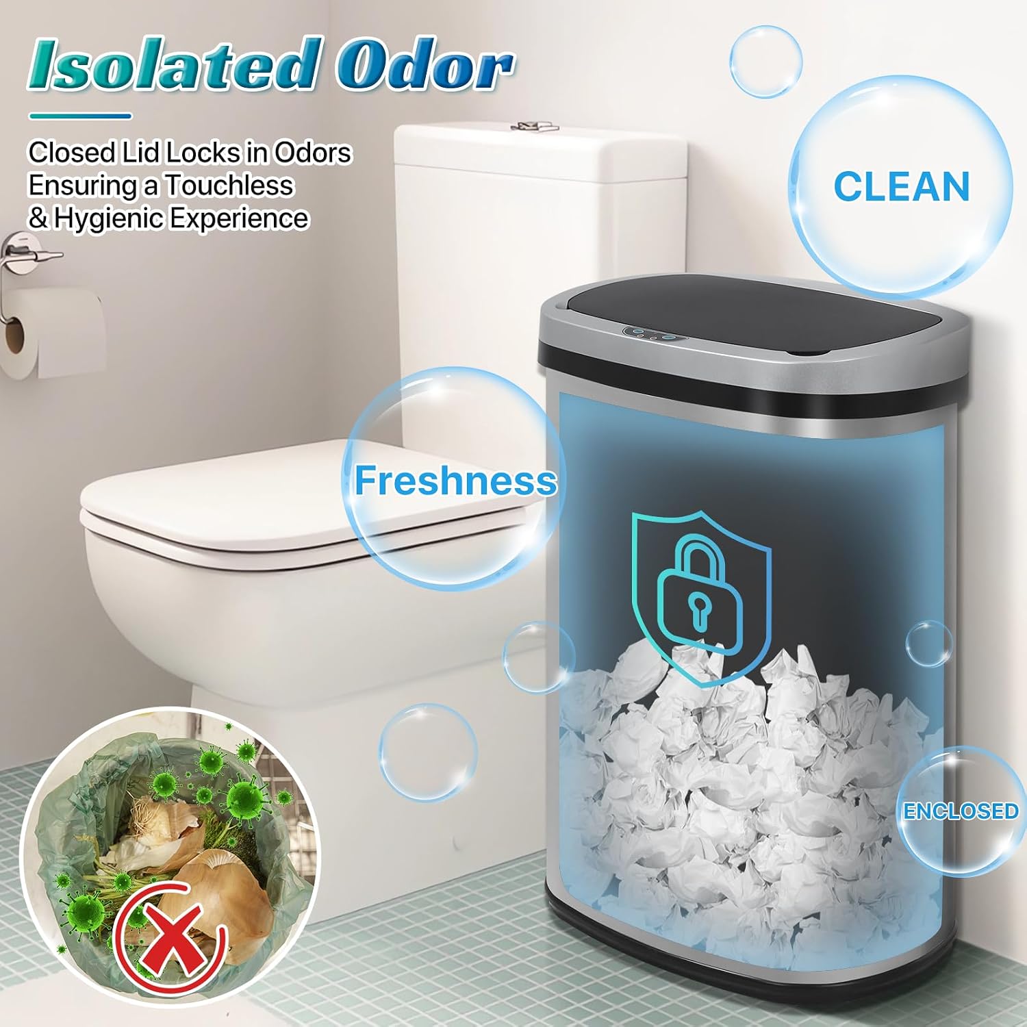 Dkeli 13 Gallon Automatic Motion Sensor Trash Can, Stainless Steel Touchless Kitchen Trash Can with Lid, 50L High-Capacity Office Bathroom Bedroom Garbage Bin