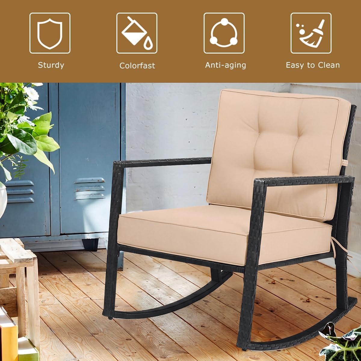 Tangkula Wicker Rocking Chair, Outdoor Glider Rattan Rocker Chair with Heavy-Duty Steel Frame
