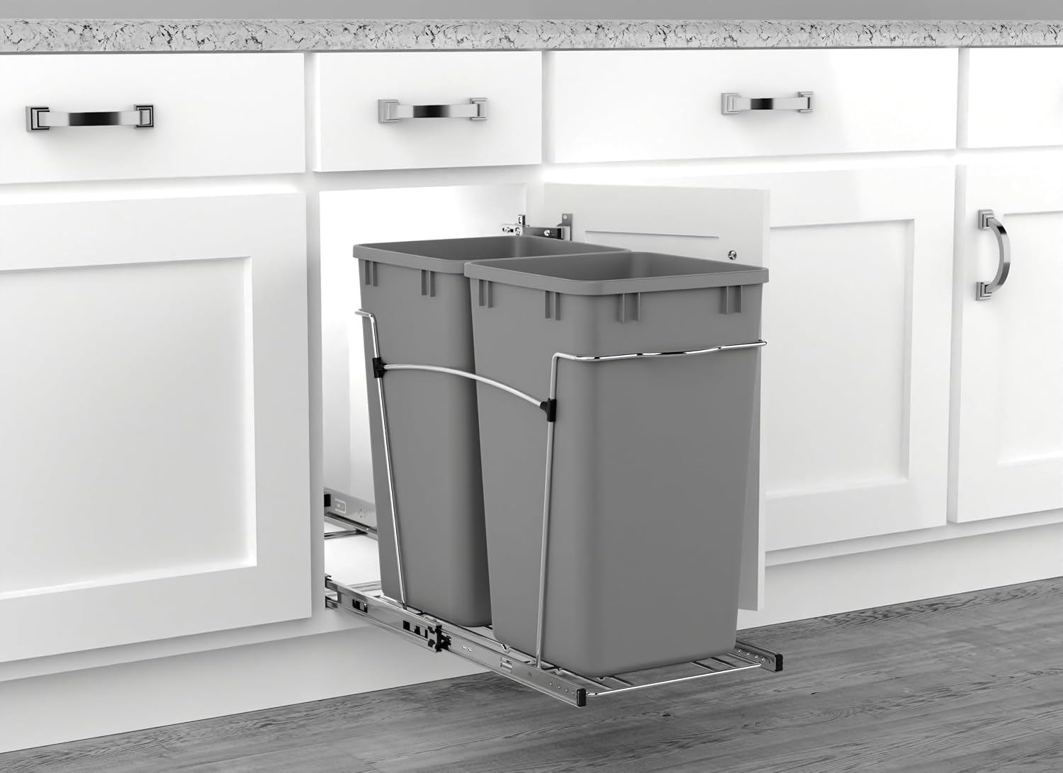 Rev-A-Shelf Double 27 Qt Pullout Trash Can for Base Kitchen Cabinets, Garbage Waste Bin System with Full Extension Slides, Min Opening Width of 11.5", Metallic Silver, RV-15KD-17C S